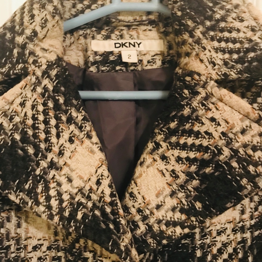DKNY plaid grey and black wool frock coat